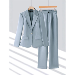 Women's Gray Blue Long Sleeve <b>Blazer</b> And Trousers Suit <b>Set</b> Formal Anti Wrinkle For Commute Autumn Winter - Product Image 1