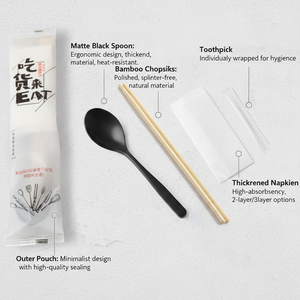 Set di posate usa e getta in bambù con coltello, forchetta, cucchiaio, tovagliolo, cannuccia e stuzzicadenti, confezionato singolarmente per feste - Product Image 5