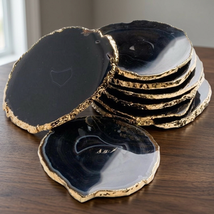 Posavasos de Ágata Negra Hechos a Mano al por Mayor con Borde Dorado Electrochapado, Rodajas de Piedras Preciosas, Cristal, Cuarzo, Jade, Forma Irregular - Product Image 1