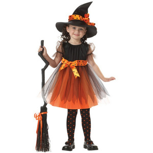 Disfraz de bruja para niños, vestido tutú naranja y negro con sombrero y escoba, traje de actuación para fiesta de Halloween - Product Image 2
