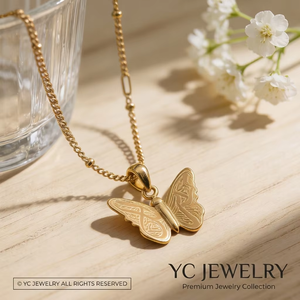 Delicado Collar de Mariposa Chapado en Oro de 18K con Caligrafía Árabe Sabr Amal Paciencia <span class=keywords><strong>Esperanza</strong></span>, Acero Inoxidable 316L Resistente al Deslustre, Envío Inmediato - Product Image 1