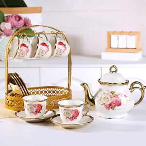 Ensemble de thé et de café de luxe de haute qualité pour l'après-midi, 13 pièces, tasses à thé anglaises à fleurs avec porte-tasses - Product Image 2