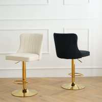 Tabouret de bar moderne en velours, dossier capitonné à cannelures verticales, base en métal doré, pivotant réglable, repose-pieds intégré, pour salle à manger, salon, maison