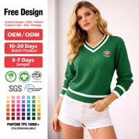 Pull en tricot col en V pour femme, style sportif, idéal pour l'hiver, collection Preppy, vente en gros sur mesure