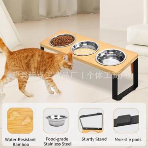 Soporte elevado para tazón de gato de madera de bambú, comedero triple para mascotas, color natural - Product Image 5