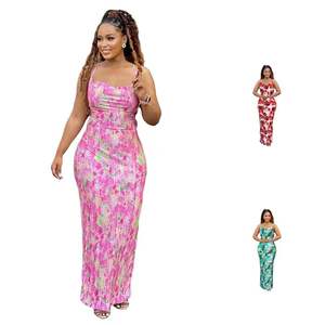 Vestido Largo Sexy sin Mangas con Estampado para Mujer, Estilo Europeo y Estadounidense, Verano, Ajustado, Cuello Halter, Decoración Plisada, Corto, Sólido, Primavera - Product Image 1