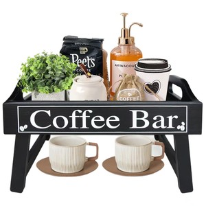 ถาดบาร์กาแฟไม้ ถาดจัดเก็บไม้เนื้อแข็ง ถาดเสิร์ฟแบบพับได้สำหรับสถานีกาแฟในครัว - Product Image 4