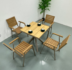 Modern <b>Aluminum</b> Frame Wood <b>Table</b> Set Slatted Chairs 4 Seater Commercial Outdoor Restaurant Furniture Durable Contemporary Design - Product Image 5