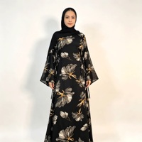 Abaya noire à motifs floraux pour femmes, manches cloche, tenue modeste, vêtements musulmans islamiques, longueur au sol, tenue couvrante complète