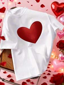 T-shirt da donna a maniche corte per San Valentino, stampa cuore, girocollo, casual, 100% cotone, traspirante, leggera, primavera estate - Product Image 3