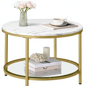 <span class=keywords><strong>Table</strong></span> <span class=keywords><strong>basse</strong></span> <span class=keywords><strong>VASAGLE</strong></span> à 2 niveaux, plateau en faux marbre, étagère en verre, style moderne, salon, marbre blanc, or pâle - Product Image 1