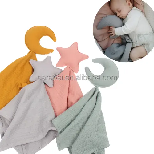 Newborn Baby Muslin Quilt Moon Star Toy Cuddle Cloth Cotton Towel 100% Organic Cotton Security Blanket Attachment Blanket