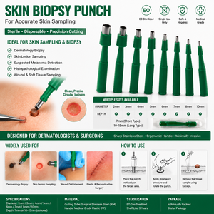 Punzón de Biopsia Cutánea Desechable de Acero Inoxidable y PP, Instrumento Dermatológico Estéril, Tamaños de 2mm a 10mm, en Blíster Individual - Product Image 1