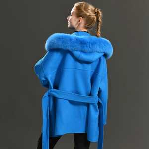 Cappotto in Lana Ecologico di Tendenza per Donna, Lussuoso Cappotto Oversize in Cashmere <span class=keywords><strong>con</strong></span> Collo in Vera <span class=keywords><strong>Pelliccia</strong></span> di Volpe e <span class=keywords><strong>Cappuccio</strong></span> - Product Image 5