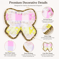 Applique personnalisée en tissu écossais avec nœud perlé imitation perle et bordure scintillante pour vêtements et sacs, fabricant en gros