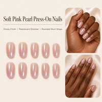 T1791 Kaixin Faux ongles à presser, forme ellipse moyenne, rose doux, nacré scintillant, effet œil de chat, style French, pour fêtes