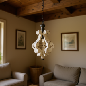 Farmhouse Wood <b>Chandelier</b> Distressed White <b>Small</b> Bell Shape E26 Bulb Not Included Living Room Pendant <b>Light</b> - Product Image 2