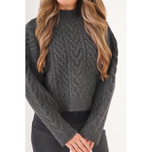 Pull en maille spirale anthracite à motif, style décontracté avec bouton décoratif à logo sur le devant, coupe courte, saison hiver, vente en gros - Product Image 4