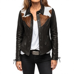 Chaqueta vaquera de cuero negro para mujer, con pellizcos de cuero de vaca con pelo, cierre frontal a presión, puños con cordones, abrigo tipo camisa de cuero genuino, estilo vaquera. - Product Image 1
