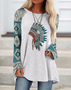 Wholesale Ladies Vintage Long Sleeve Loose T-shirt Sweatshirt Neck Aztec Geometric Pattern <strong>Tops</strong> Casual Style Woven Women's <strong>Tops</strong> - Product Image 2