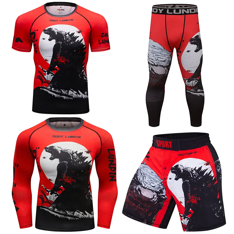 Men sport jiu jitsu bjj rash guard sets polyester spandex boxing mma short gym wear compression pants t shirt rashguard
