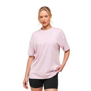 Women's <b>Pink</b> Crew Neck Short Sleeve Crop <b>Top</b> 100% Cotton Jersey Loose Fit Casual Spring Summer Solid Color T-Shirt - Product Image 2