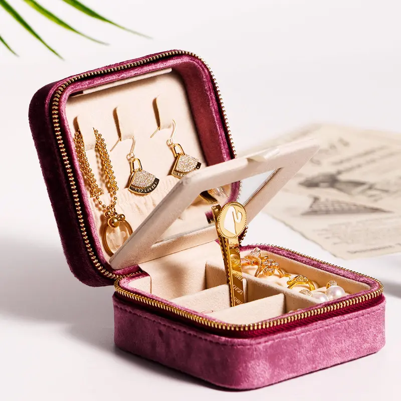 Custom logo organizer jewelry travel case earring ring box velvet jewelry box with mirror