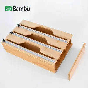WDF Hot Sale 3-in-1 Storage Dispenser Aluminum Foil Bamboo Plastic Wrap with Slide Cutter Wood Roll Organizer