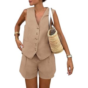 FOXA Conjunto de pantalones cortos sin mangas de verano para mujer con botones y cuello en V con bolsillos, atuendo informal - Product Image 1
