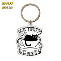 Porte-clés Chat Noir Espresso, Less Depresso, Chat dans Tasse de Café avec Citation Humoristique, Breloque en Acrylique, Accessoire Caffeine Réconfortant