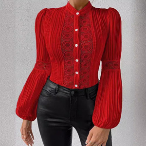 Women's Lace <b>Patchwork</b> Lantern Sleeve Solid Color Stand-up Collar <b>Shirt</b> Fashion - Product Image 4