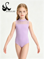 Justaucorps de ballet sans manches en maille lavande clair à col montant pour filles, idéal pour l'entraînement de gymnastique et de danse pour enfants