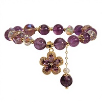 Gelang Kristal Amethyst Ungu Alami Desain Unik Gaya Mori Mewah Ringan Vintage Motif Bunga untuk Wanita