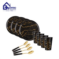 Services de Table de Luxe en Marbre Noir Comprenant des Assiettes Plates de 25 cm, des Assiettes à Salade de 15 cm, des Bols à Soupe de 16 cm, des Tasses de 170 ml et des Couverts (24 Pièces) avec Manche