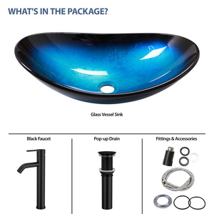 Évier vasque en verre bleu avec robinet cascade et évier <span class=keywords><strong>de</strong></span> salle <span class=keywords><strong>de</strong></span> bain ovale à drain escamotable, évier en verre trempé en forme <span class=keywords><strong>de</strong></span> <span class=keywords><strong>bateau</strong></span> artistique - Product Image 4