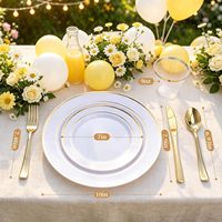 600 pièces de vaisselle jetable pour 100 invités, assiettes en plastique blanches avec bord doré, assiettes à dîner et à salade, gobelets, fourchettes, couteaux, élégant pour les événements