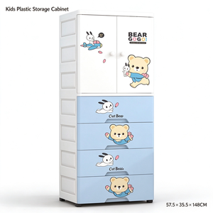 Armoire pour enfants en plastique PP motif ours et lapin, 57,5x35,5x148CM, armoire bébé avec porte et tiroirs de rangement, vente en gros - Product Image 2