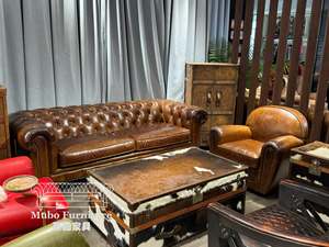 أريكة تشيسترفيلد ثلاثية الطراز الأمريكي الكلاسيكي العتيق من الجلد الطبيعي المشمع - Product Image 4