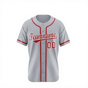 Camiseta de Béisbol Personalizada para Hombre, Nombre del Equipo 00, Gris con Ribete Rojo, Manga Corta, Cierre de Botones, Prenda Transpirable de Poliéster - Product Image 1