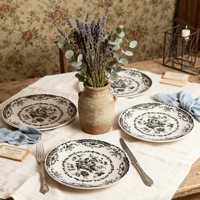 Assiette de table en céramique noire style pastoral français, imprimé classique, émaillée, pour pâtes, salades, desserts, style occidental, usage domestique