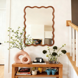 Yellowish Brown <b>30x40</b> Wavy Rectangle Solid Wood <b>Frame</b> Decorative Mirror For Bedroom Bathroom Living Room Entryway - Product Image 6