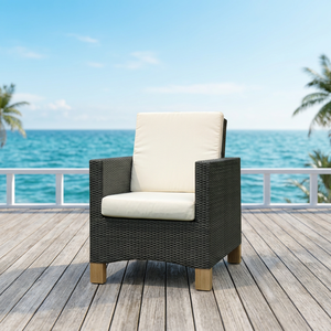 Contemporary Rattan <b>Garden</b> Chair With White <b>Cushions</b> Teak Legs <b>Outdoor</b> Furniture - Product Image 4