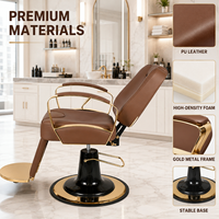 Fauteuil de Barbier Inclinable Rétro Moderne, Cadre Doré, Cuir Marron, Chaise de Coiffure Couleur Personnalisée, Mobilier de Salon, Vente en Gros Usine
