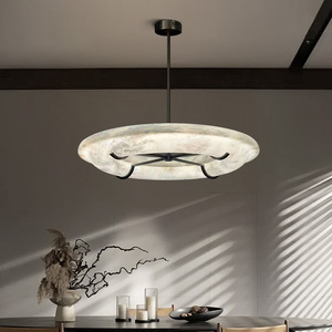 Lustre en marbre espagnol rond à LED, corps noir, pour salon et chambre à coucher - Product Image 3