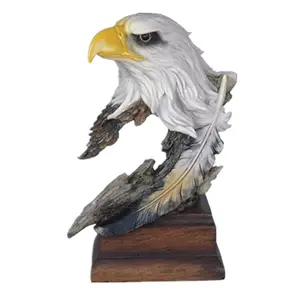 Bald Eagle Head & Bust Statue with Feather on Wood Base