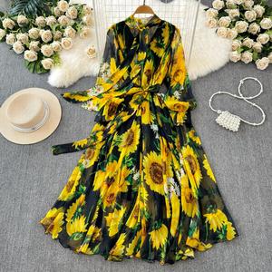 Vestido de Gasa con Estampado Floral Elegante Francés <span class=keywords><strong>para</strong></span> Mujer, Primavera Verano, Casual, Ajustado, Amplio, con Cuello de Lazo <span class=keywords><strong>para</strong></span> Vacaciones - Product Image 3
