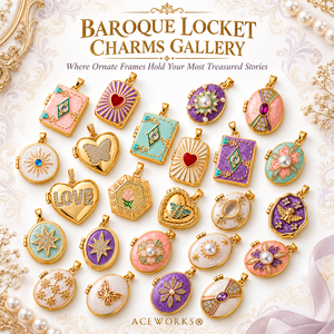 Galería de Relicarios Barrocos |   Colgante de latón chapado en oro de 18 quilates con esmalte pintado a mano y perlas florales, ideal para la creación de joyas. - Product Image 1