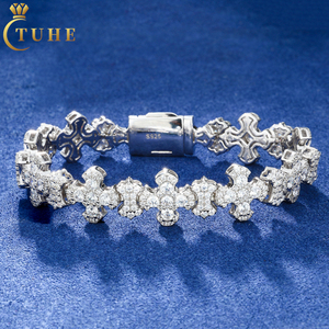 Neuer Trend: 12 mm breites Gliederarmband mit Kreuz aus 925er Sterlingsilber, Iced Out mit VVS-Moissanit in Pavé-Fassung, für Herren im Hip-Hop-Stil - Product Image 1