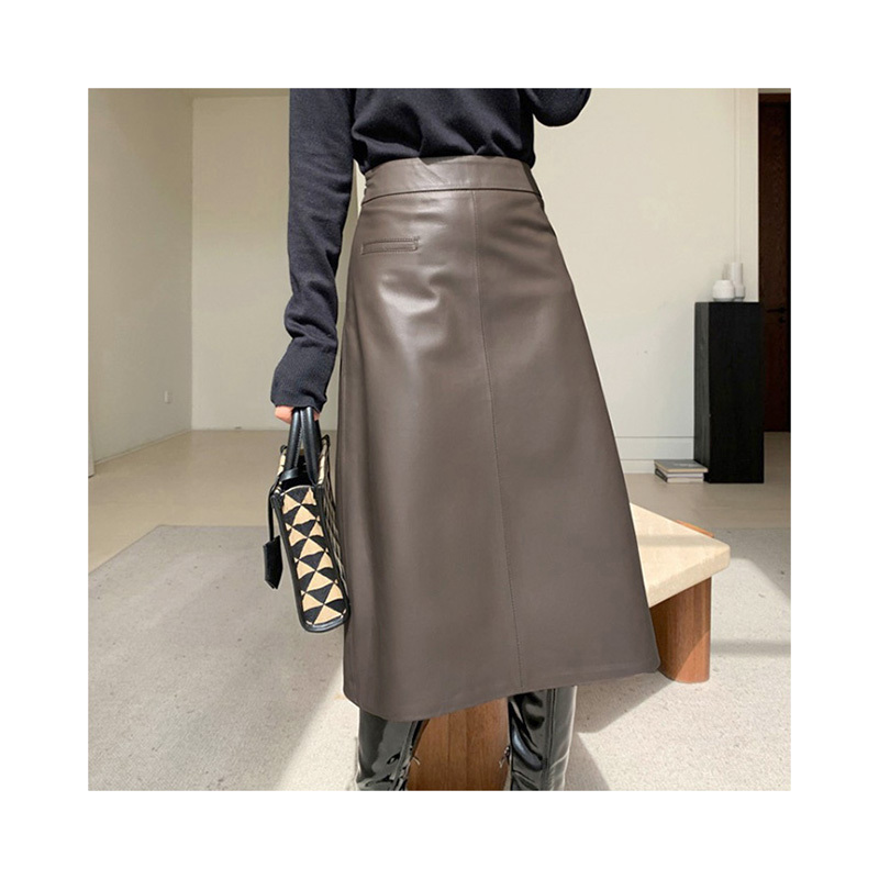3315 Cost Effective Simple Plain Genuine Sheepskin Long Leather Skirt for Women Ladies