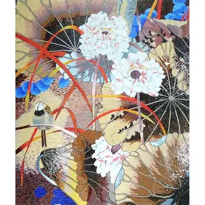 Chinesischer Hersteller bunte Blumen- und Vögelsträuße Lotus-Teichglas-Mosaikkunst Wanddekoration-Mosaik-Puzzle-Wandfliesen